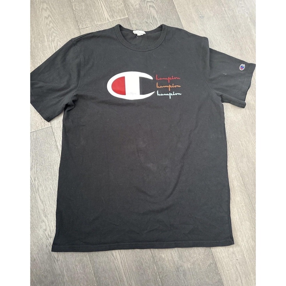 Champion Shirt Mens XL Black Big‎ Logo Script Front Graphic Tee Short Sleeve
